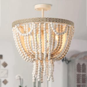 3-Light Weathered White Farmhouse Boho Chandelier with Wood Beads for Dining Room, Bedroom, Living Room