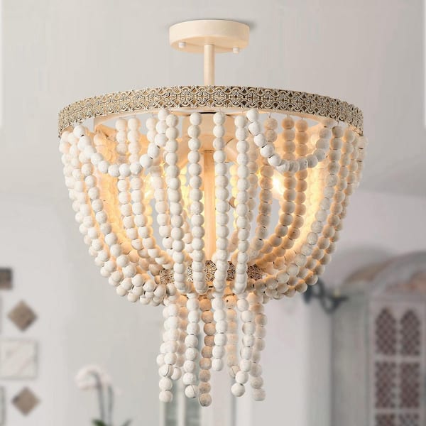 Parrot Uncle 3-Light Weathered White Farmhouse Boho Chandelier with Wood Beads for Dining Room, Bedroom, Living Room