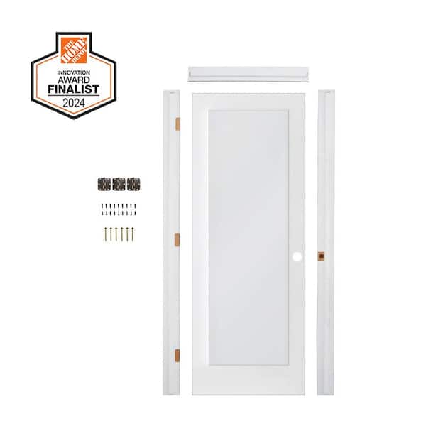 DIY 28 in. x 80 in. 1-Lite Left-Hand Satin Etched Solid Core MDF Primed Single Interior Door Kit w/ Quick Assemble Jamb