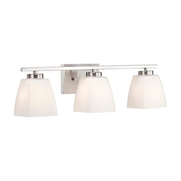 Edvivi 22 in. 3-Light Brushed Nickel Modern Vanity Light with Square Etched White Glass Shades