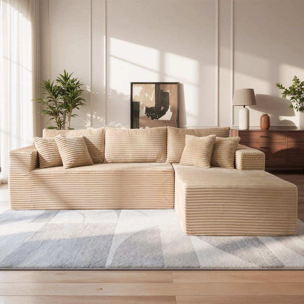 AURA 108 in. Wide Arm 2-Piece Plush Corduroy L-Shape Modular Boneless Sectional Sofa Couch in Beige with Right Chaise