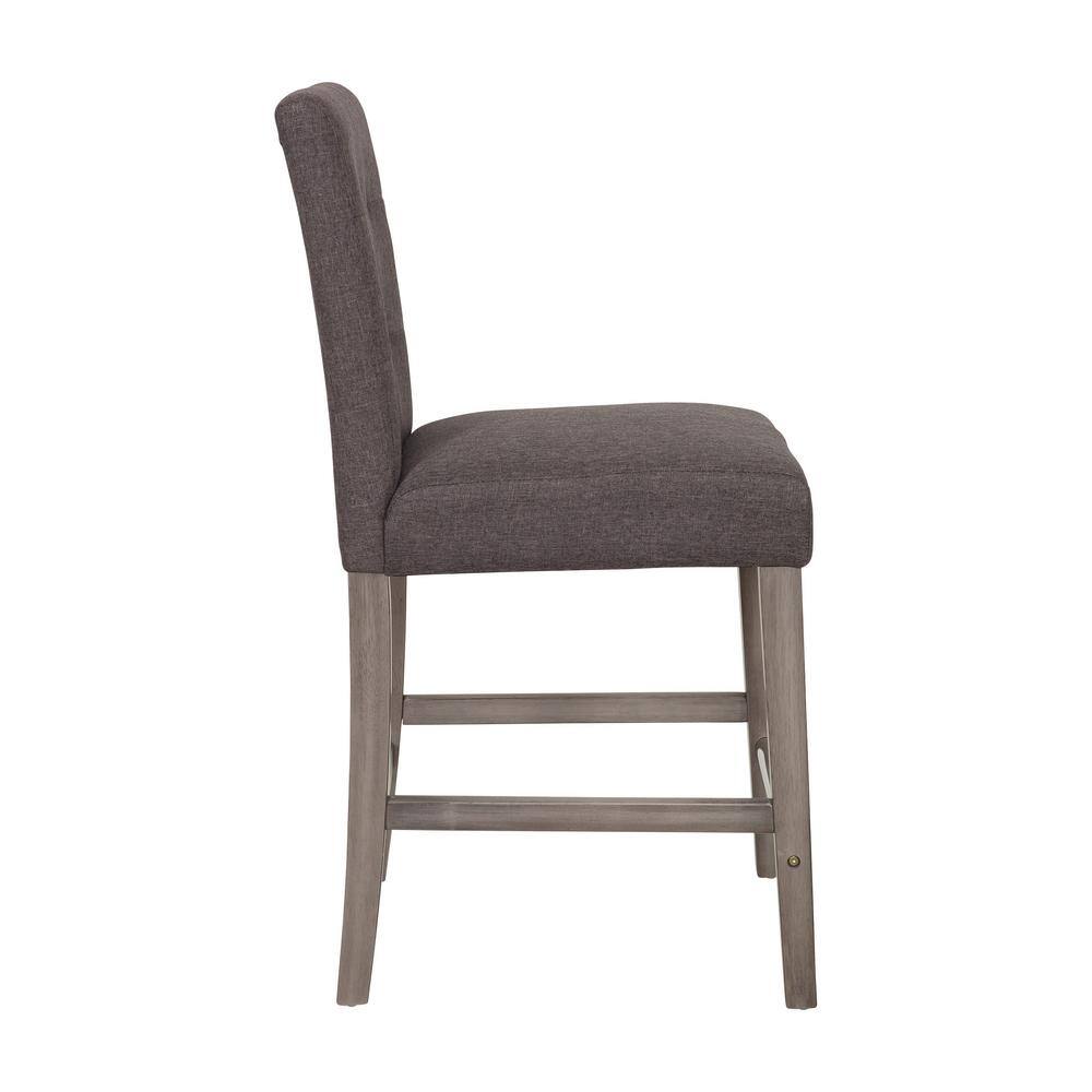 Charcoal Brown Tufted Fabric Counter Height Barstool with Wooden Legs