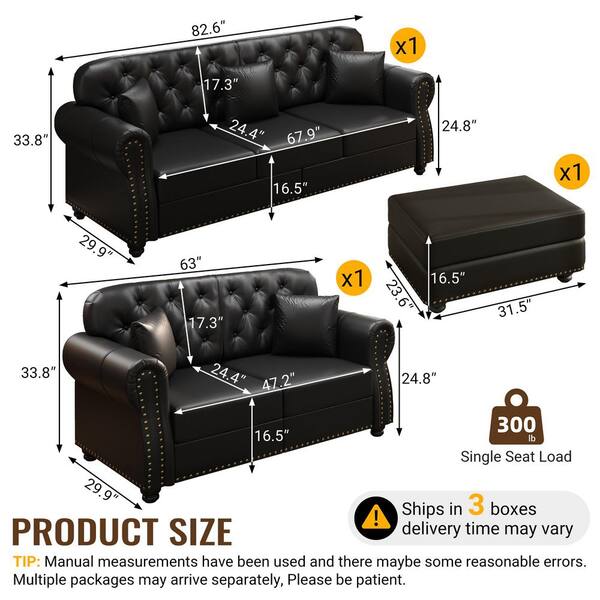 Polibi 82.6 in. Rolled Arm Faux Leather Rectangle Sofa in Black