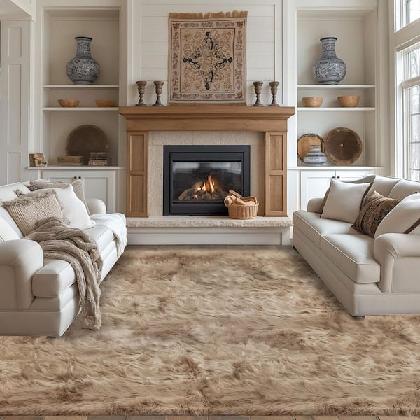 6 ft. x 9 ft. Light Brown Faux Fur Rug Fluffy Fuzzy Furry Soft Area Rug