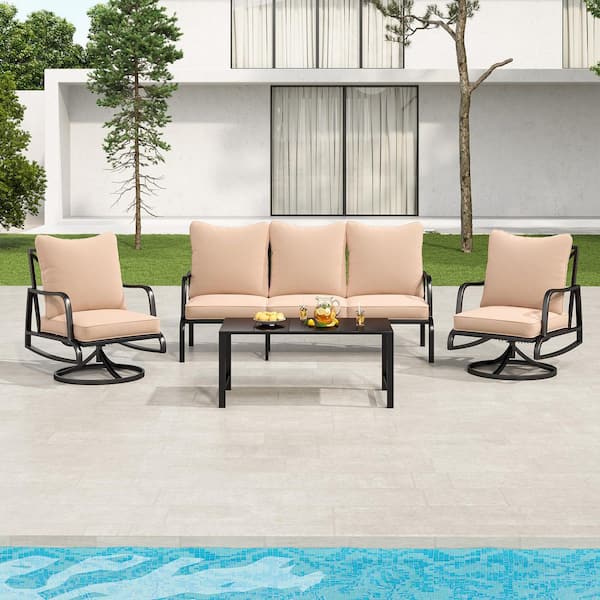 Outdoor 2-Piece Swivel Chairs Sofa，3-Seats Sofa and Coffee Table Metal Patio Furniture Set in with Beige Cushions