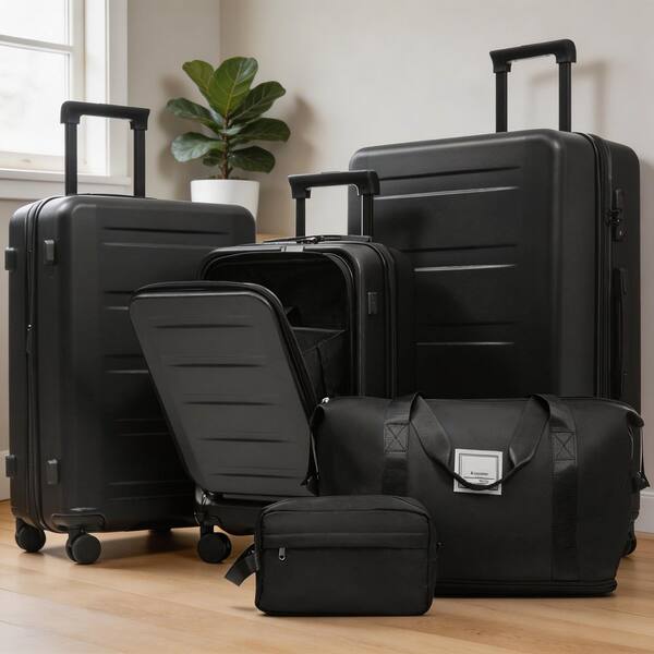 LIVACA 5-Piece Black ABS Plastic Hardside Expandable Luggage Set