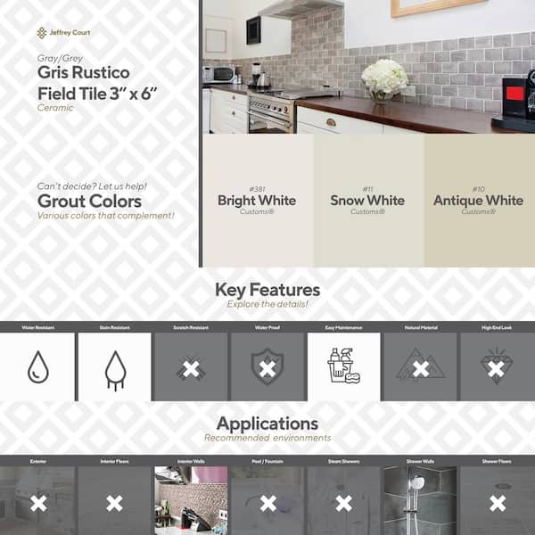 Jeffrey Court Gris Rustico 3 in. x 6 in. Glossy Textured Ceramic Wall Tile (5.38 sq. ft. / Case) Jeffrey Court Gris Rustico 3 in. x 6 in. Glossy Textured Ceramic Wall Tile (5.38 sq. ft. / Case)
