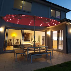 15 ft. Steel Market Solar Patio Umbrella in Burgundy with LED Lights
