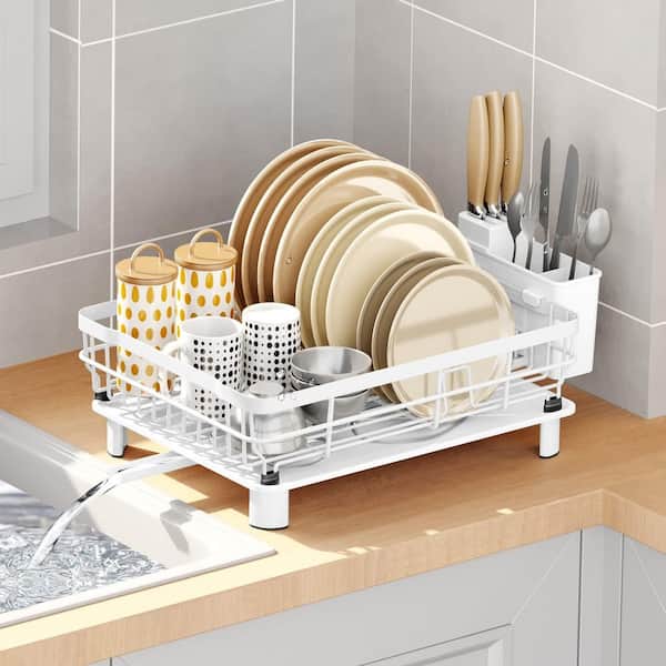Countertop Dish Rack, Rust Resistant Iron with Automatic Drainage, Removable Cutlery Basket, Space Saving Design, White