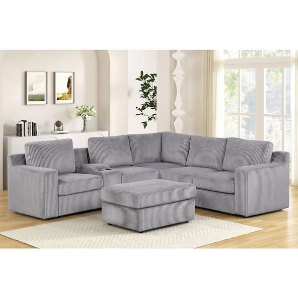 Sagewood 105 in. W Square Arm 9-piece Corduroy Reversible Sectional Sofa in. Gray