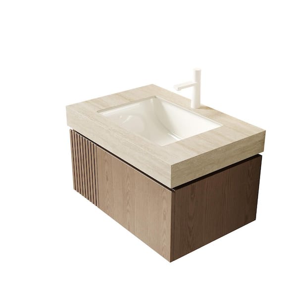 36 in. Single Sink Floating White Oak Bath Vanity with Beige Sintered Stone Top