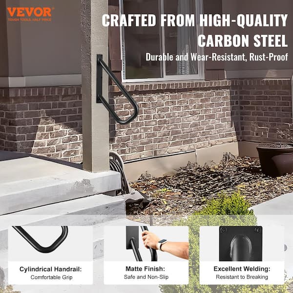 Handrails for Outdoor Steps 18.86 in. x 3.15 in. Black steel Stair Railing Kit Wall Mount Railings 1-2 Steps U-Shaped