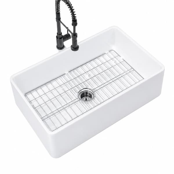 33 in. Undermount Apron-Front Single Bowl White Fireclay Farmhouse Kitchen Sink with Accessories