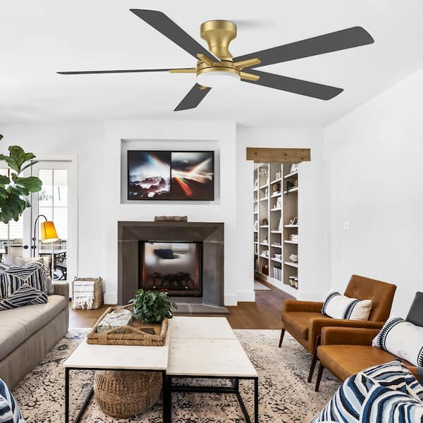 52 in. Smart Outdoor Indoor Gold Flush Mount Ceiling Fan with RGB LED Lights and APP/Remote Control, Dimmable, 6-Speeds