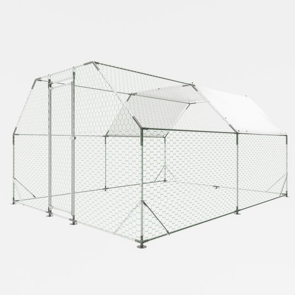 GOGEXX 10 ft. x 13 ft. Flat Large Metal Walk-In Chicken Coop Galvanized Poultry Cages with Waterproof Cover Outdoors