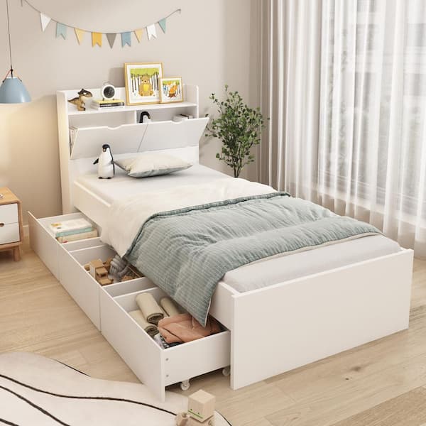 White Wood Twin Size Bed Storage Bed with 3-Wheels Drawers and Headboard