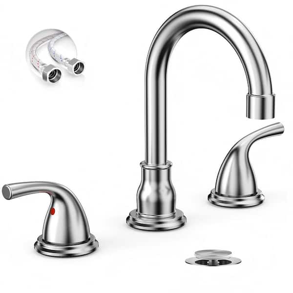 8 in. 3 Hole Bathroom Sink Faucet, 2 Handle Widespread Bruhsed Nickel Bathroom Faucet with Metal Pop up Drain