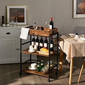 3-Tier Rolling Bar Cart Kitchen Serving Cart w/Removable Tray & Handle Brown