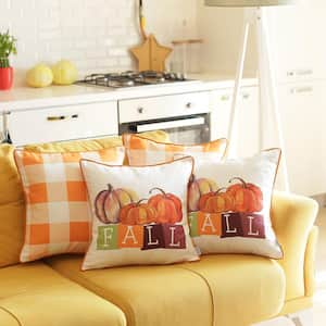 Fall Decorative Throw Pillow Plaid & Pumpkins 18 in. x 18 in. Yellow & Orange Square Thanksgiving for Couch Set of 4