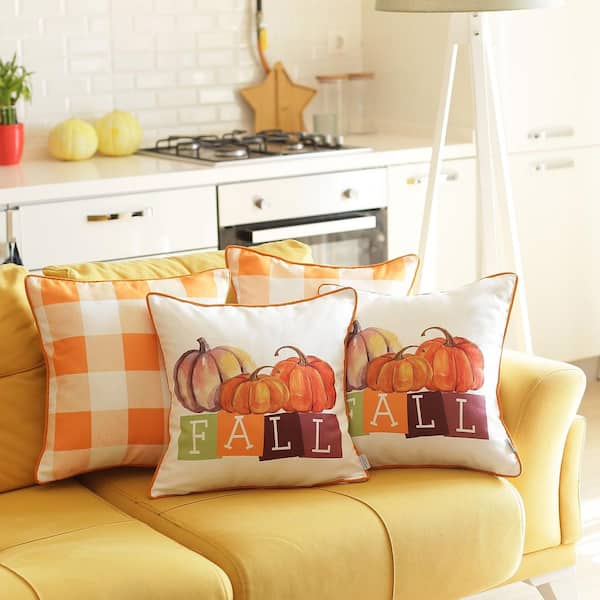 MIKE & Co. NEW YORK Fall Decorative Throw Pillow Plaid & Pumpkins 18 in. x 18 in. Yellow & Orange Square Thanksgiving for Couch Set of 4