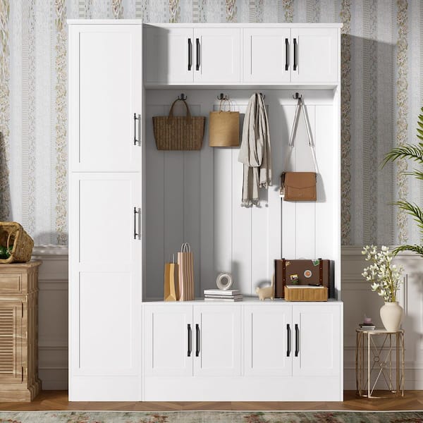 Wayne 4 in 1 Multi-Functional White Entryway Hall Tree with Bench, Shoe Storage, 6 Cabinets, Hooks, Adjustable Shelf