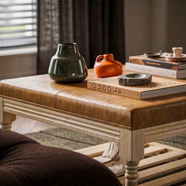 Homsee 31.5 in. Natural Wood Brown Square Leather Top Coffee Table
