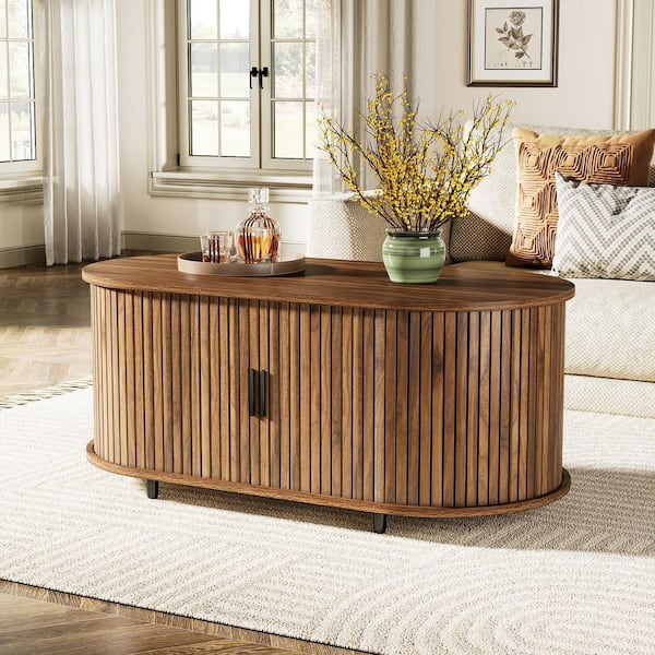 BYBLIGHT Kerlin 47 in. Rustic Brown Oval Wood Coffee Table With Storage Shelf and Sliding Cabinet Door for Living Room