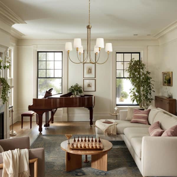 Transitional 28.5 in. 6-Light Plated Brass Sputnik Chandelier, Vintage Dining Room Chandelier with White Fabric Shade