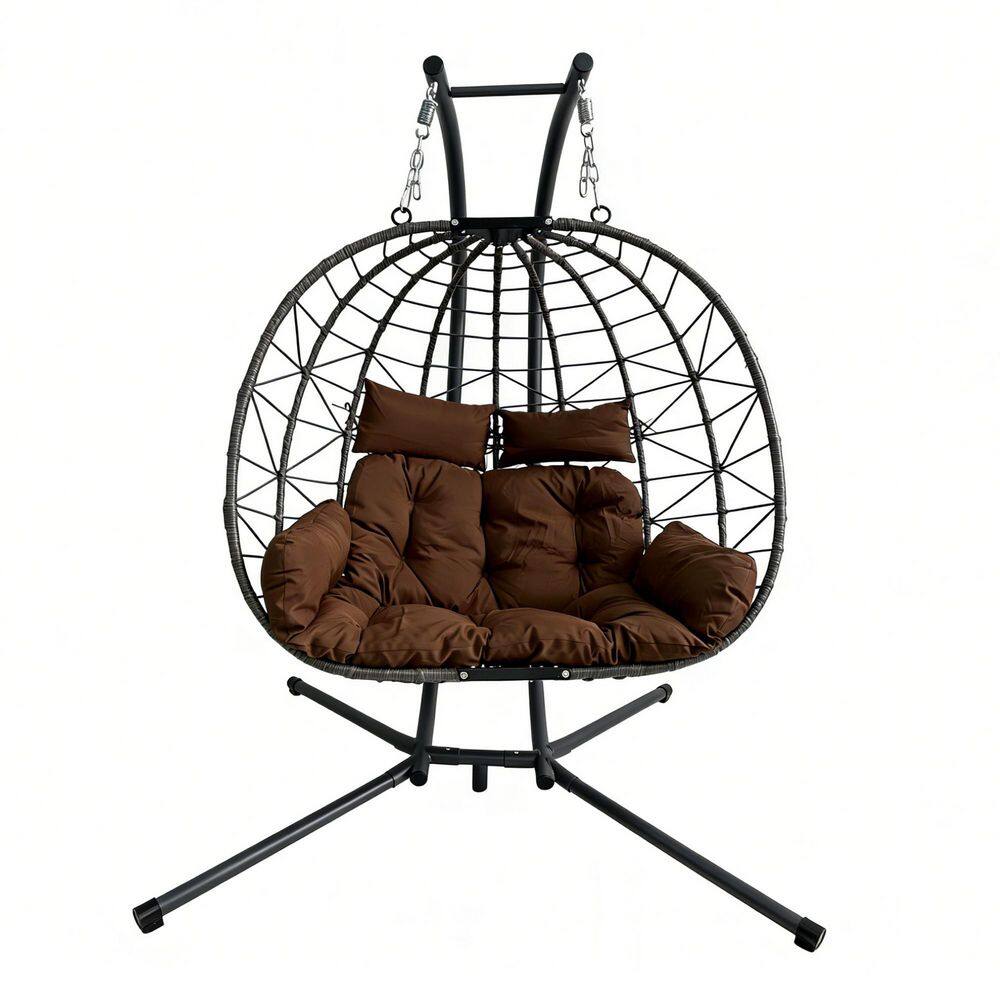 PE Rattan Wicker Double Hanging Egg Chair with Stand, Patio Swing Hammock Cushion Seat for Indoor Outdoor Balcony, Brown