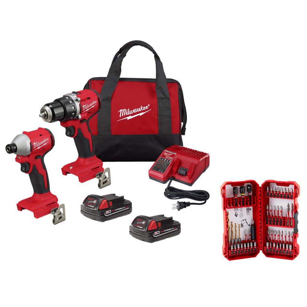 Milwaukee M18 18V Lithium-Ion Brushless Cordless Compact Drill/Impact Combo Kit with SHOCKWAVE Screwdriving Drill Bit Set -  3692-22CT-4024