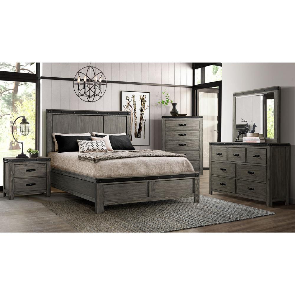 Gray Pine Transitional 5-Drawer Chest with Black Metal Trim