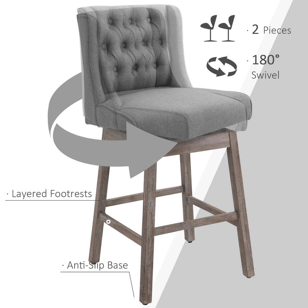 Gray Swivel Bar Stools with Wood Footrests, Set of 2