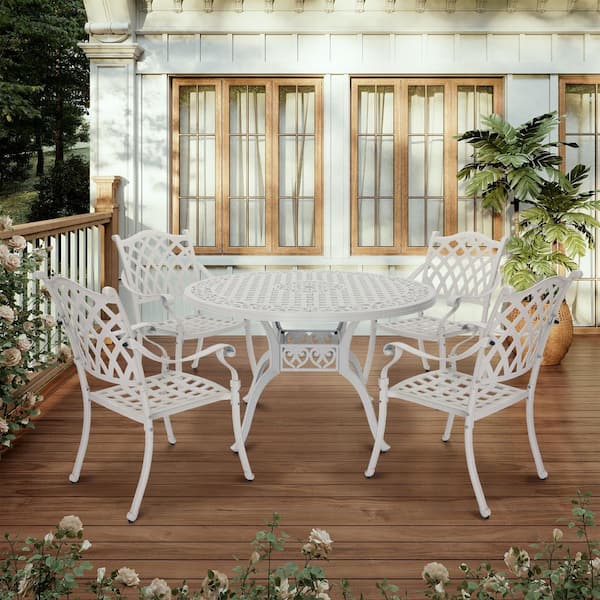 Boyel Living 5-Piece Aluminum Outdoor Serving Dining Set in White(1-Table and 4-Checkered Weave Chairs)