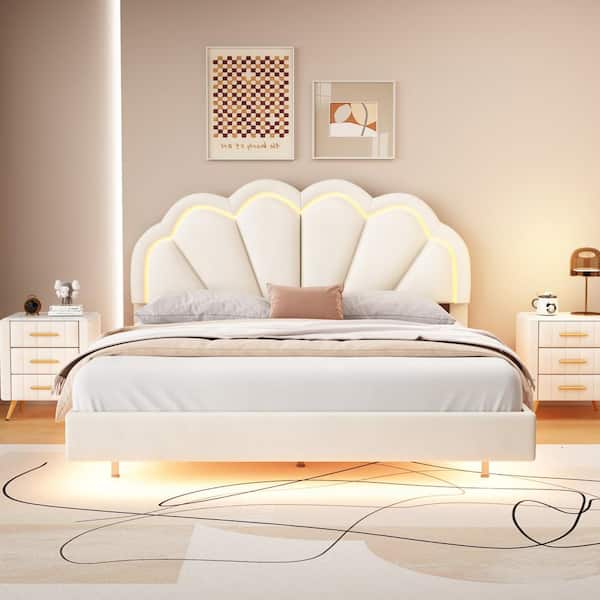 Unbranded Beige Wood Frame Velvet Queen Platform Bed with LED Flowers Velvet Headboard Wooden Slats Upholstered Bed Frame
