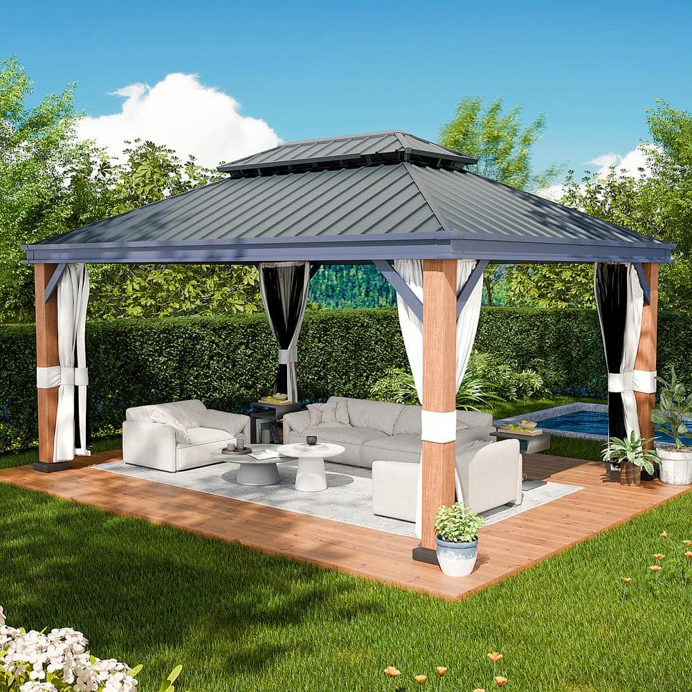 12 ft. x 16 ft. Wood Grain Aluminum Gazebo Double Galvanized Steel Roof, Mo