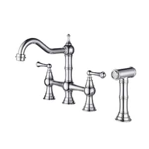 Double Handle 4 Holes Solid Brass Bridge Kitchen Faucet 1.2 GPM with Pull-Out Side Spray in Spot in Chrome