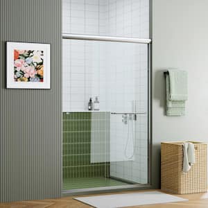 55 in. - 59 in. W x 70 in. H Double Sliding Semi-Frameless Shower Door in Brushed Nickel with Clear Glass