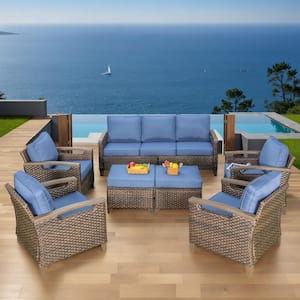 Nyajiah 7-Piece Wicker Patio Conversation Set with Blue Cushions