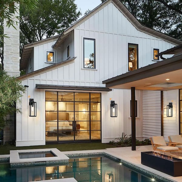 Bonanza 18 in. 1-Light Matte Black Outdoor Wall Lantern Sconce with Clear Glass Shade, Dusk to Dawn x E26 (4-Pack)