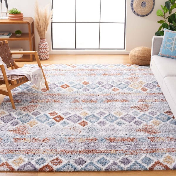 Berber Shag 11 ft. x 15 ft. Blue Rust/Ivory Diamond Striped Area Rug