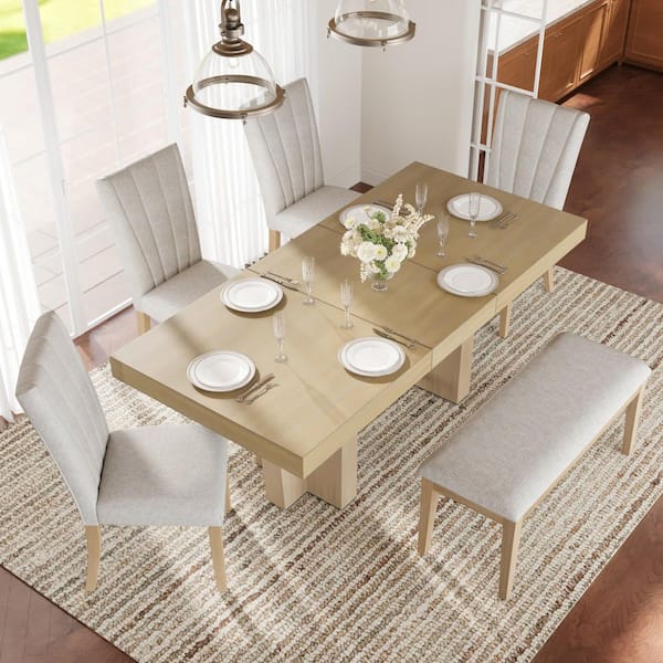 6-Piece Natural Extendable Dining Sets with 18" Removable Leaf, 4 Beige Linen Upholstered Chairs, 1 Bench, Trestle Base