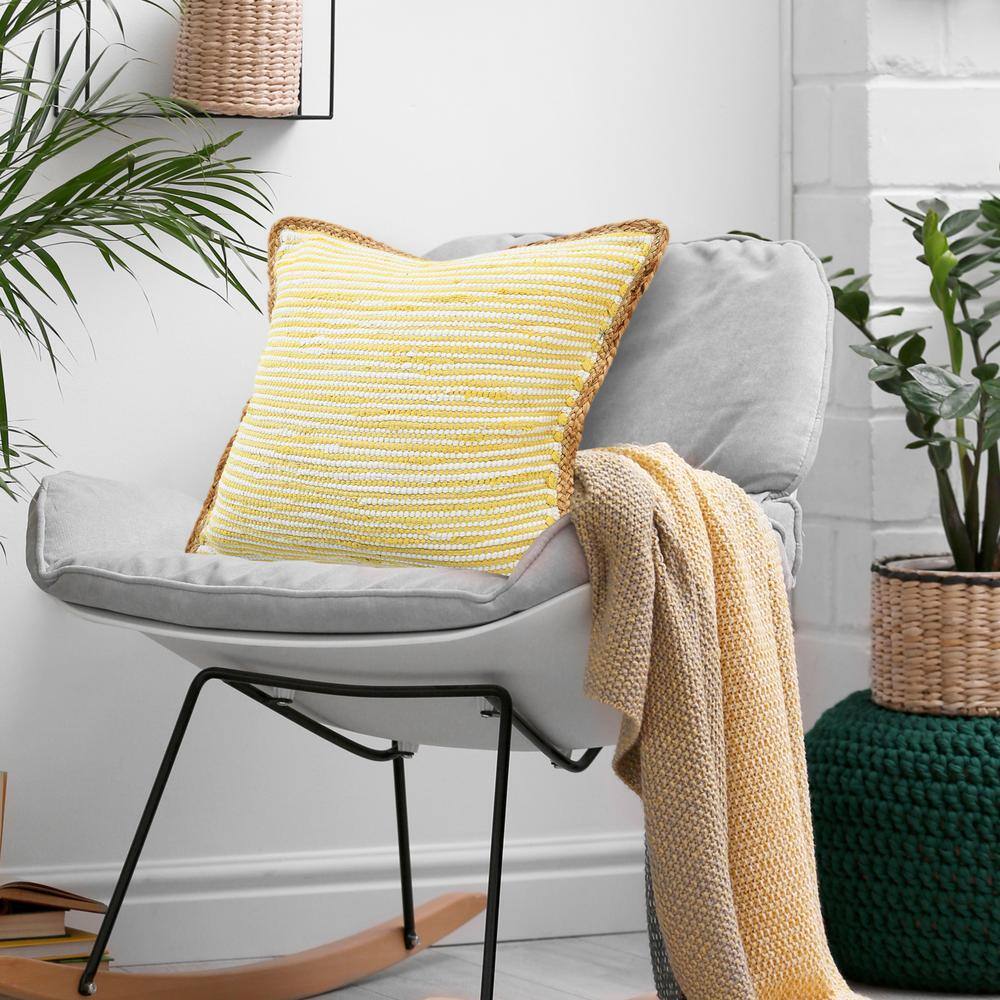 Yellow and White Striped Cotton and Jute 20" Square Throw Pillow