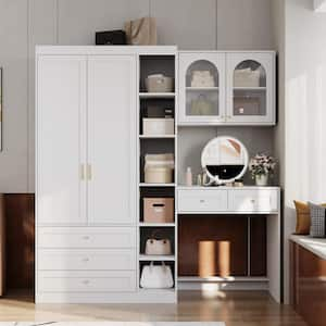 White 74.8 in. W Wardrobe Armoires Closet System with Make Up Vanity, Hanging Rod and Drawers, 78.7 in. H x 19.7 in. D