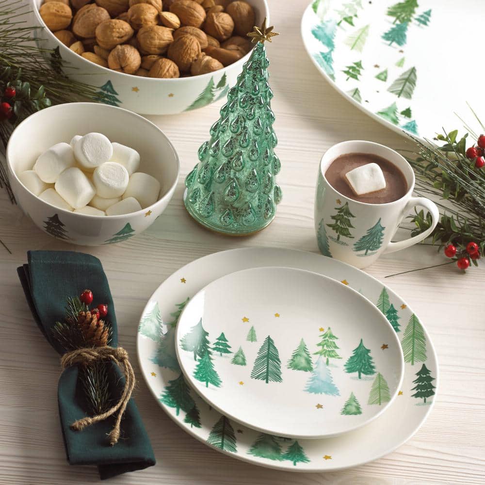 Balsam Lane Porcelain Dinner Plates with Gold Accents, Set of 4