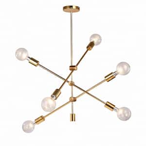 6-Light Gold Modern Sputnik Chandelier Pendant Lighting Ceiling Light Fixture, Sloped Ceiling Adaptable