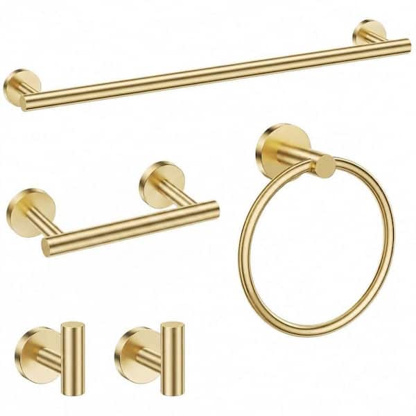 5-Piece Brushed Gold Stainless Steel Bathroom Hardware Set with 23.6 in Towel Bar and Pivoting Toilet Paper Holder