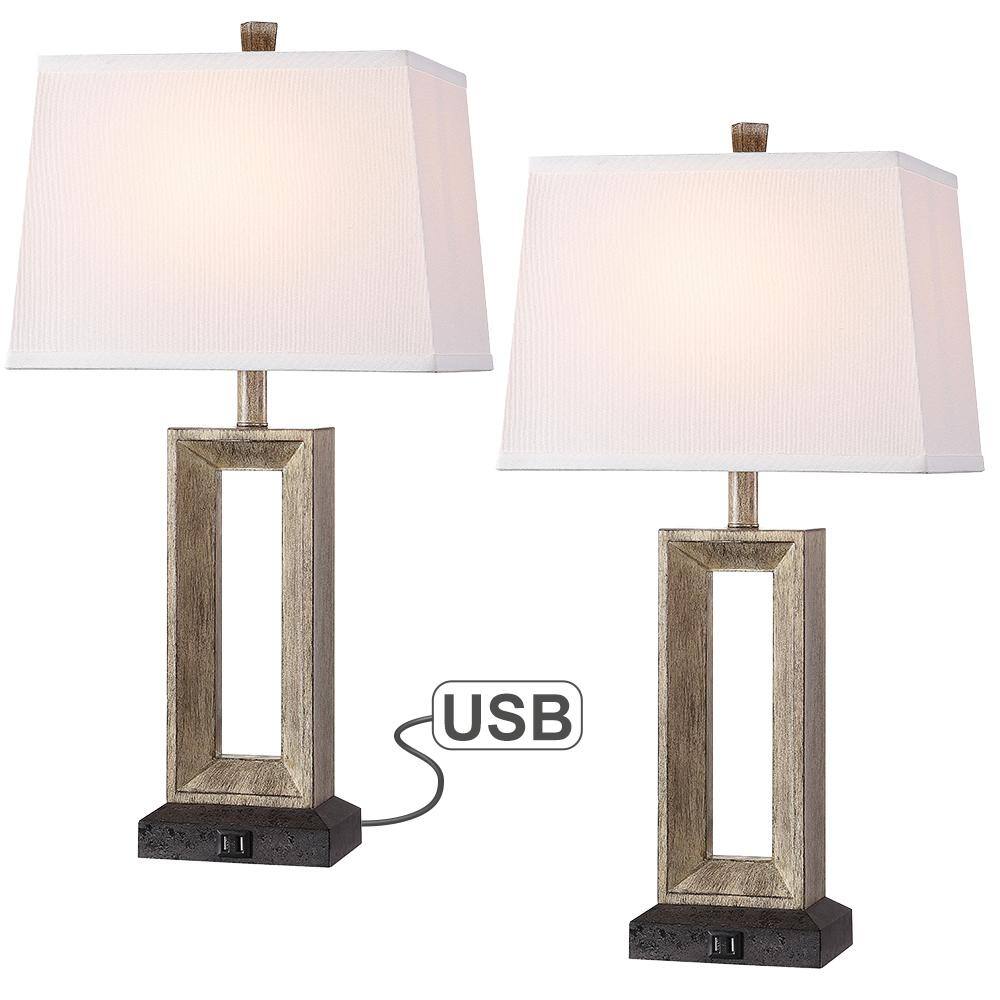 TRUE FINE 27.4 in. Bronze and Wood Tone Table Lamp with Double USB Port and White Linen Shade