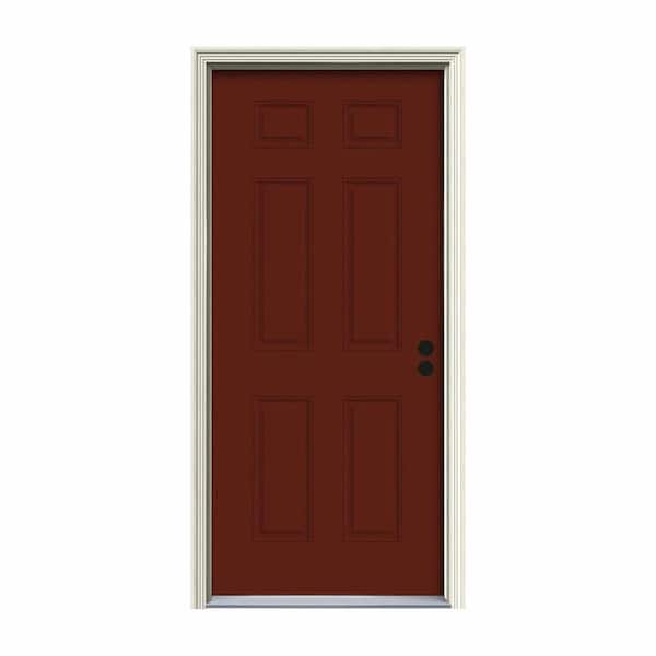 JELD-WEN 32 in. x 80 in. 6-Panel Mesa Red Painted Steel Prehung Left-Hand Inswing Front Door w/Brickmould