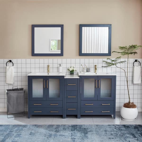 Vanity Art Brescia 72 in. W x 18 in. D x 36 in. H Double Sink Bath Vanity in Blue with White Ceramic Top and Mirror