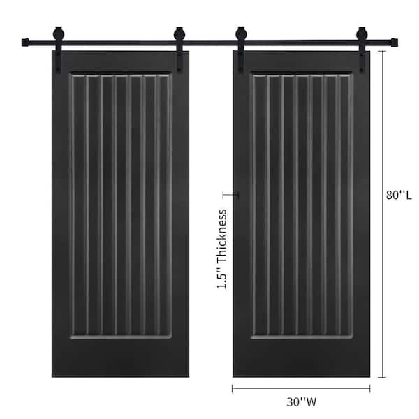 AIOPOP HOME Double Modern Five Panel 30 in. x 80 in. MDF Black Barn Sliding Door With Hardware kit